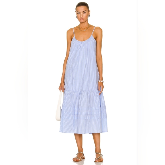 JONATHAN SIMKAI Paloma Dress Drop Waist blue white Pinstripe Sundress Summer S 4 - Picture 7 of 7